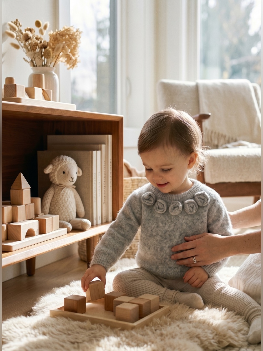 George Light Gray Knit Toddler Sweater with Rosette Trim